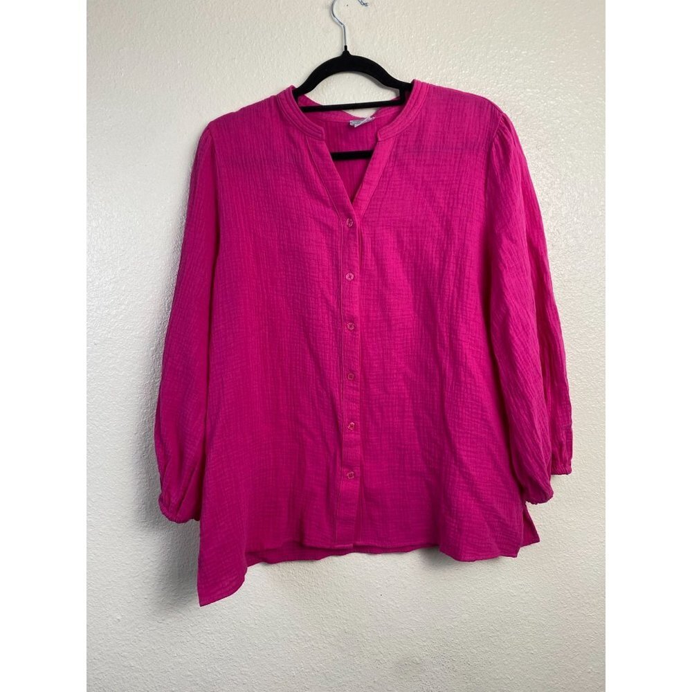 Chico's gauzy Slub cotton Pink Button front Blouse Womens size 14 Cotton Barbie‎